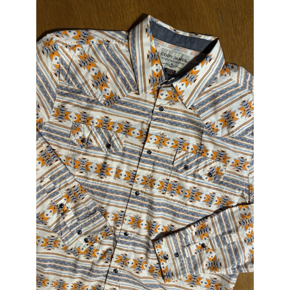 Cody‎ James Western Shirt XL Southwest Aztec Pearl Snap Orange Blue Cotton EUC